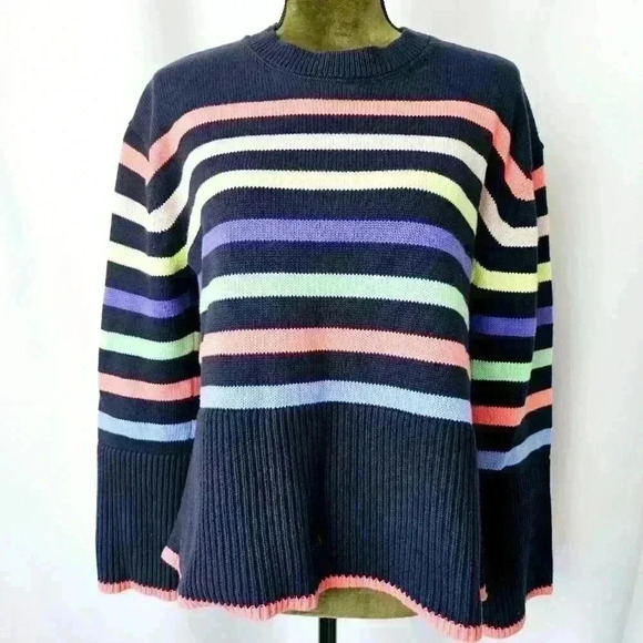 😍 NWOT 😍 Gap 24/7 Split-Hem Cotton Crewneck Sweater, Navy w/ Multi Stripe, XS - Picture 6 of 9